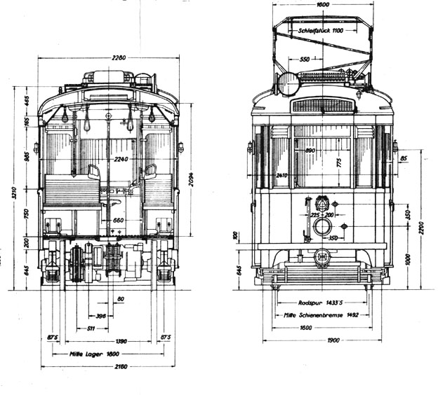 Схема трамвая типа B, передняя сторона